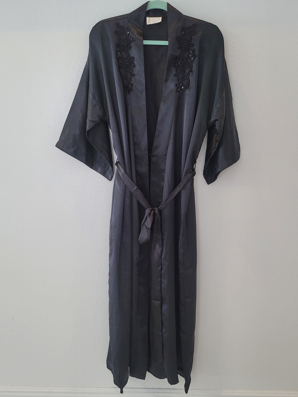 Luxurious Black Satin Kimono Robe with Beaded Appliqué Size M
